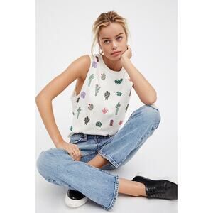 We The Free White Tank Top with Colorful Cactus Print